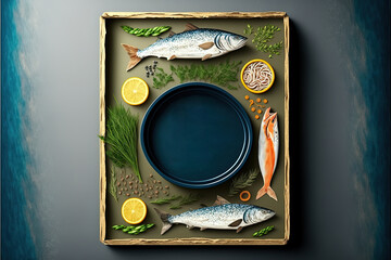 Empty board in frame of canned fish sea food set, on gray background with herbs and ingredients, with copyspace and space for text. Generative AI