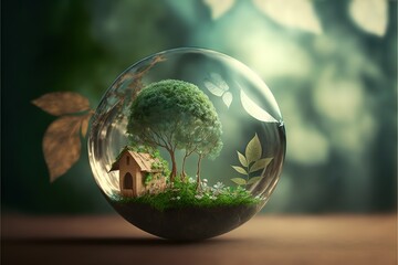 Environment And Earth Day Concept With Glass Globe Full Of Nature And Life With Wooden HouseGenerative AI