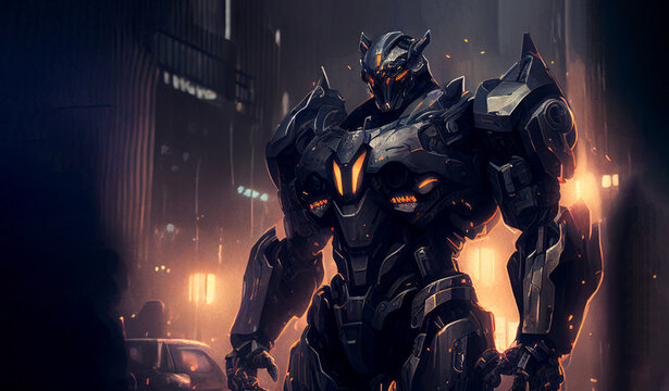 Giant robot ready to fight. Generative AI illustration