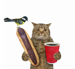 Cat with chocolate eclair and coffee