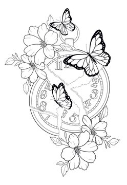 butterfly and flowers watch tattoo 