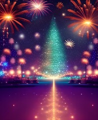 Fototapeta na wymiar New years sparkle fireworks celebration background with transparent Christmas tree 