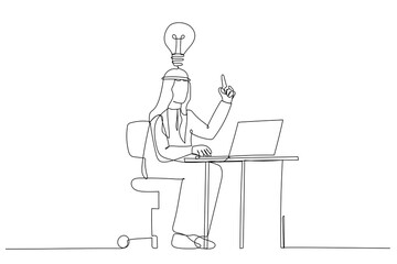 Cartoon of happy arab businessman working at his desk and creating a lot of idea bulbs. Single line art style