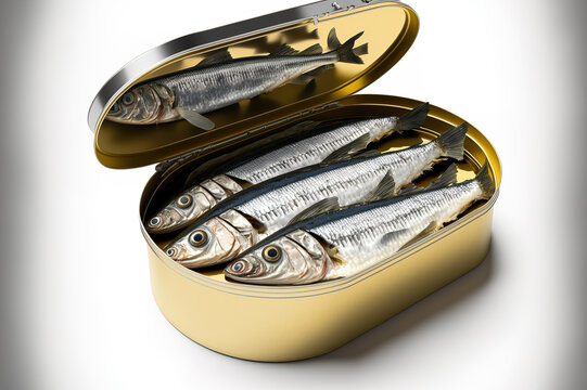 Tinned sardines stock photo Sardine, Can, Canned Food, Fish, White Background. Generative AI