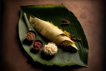 Traditional Onam sadya served in banana leaf. Generative AI