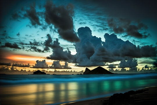 Pre-dawn view of the Moku islands at Lanikai Beach, Oahu, Hawaii stock photo Beach, Cloud - Sky, Coastline, Color Image, Dawn. Generative AI