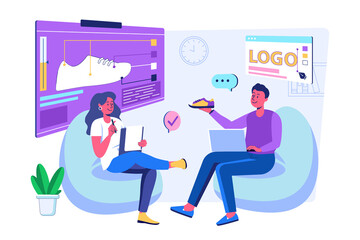 Branding team concept with people scene for web. Man and woman discussing idea to promote new product, develope of company identity and building brand. Illustration in flat perspective design