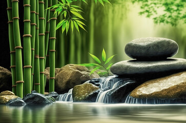 Zen Stones and Bamboo on the water. Spa still life with stacked of stone. Generative AI - obrazy, fototapety, plakaty