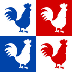 A red and blue chicken in profile on a colored background