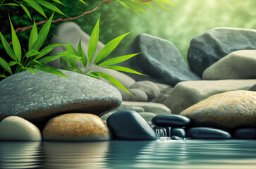 Obraz na płótnie Canvas Zen Stones and Bamboo on the water. Spa still life with stacked of stone. Generative AI
