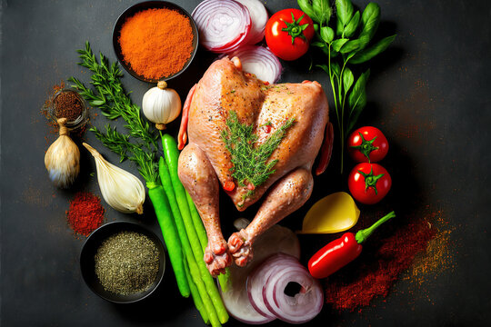 Raw chicken legs with assortment spices and vegetables stock photo. Generative AI