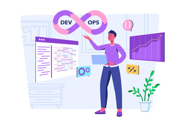 DevOps concept with people scene for web. Man working as manager and administers development operations processes for programmer team creating software. Illustration in flat perspective design