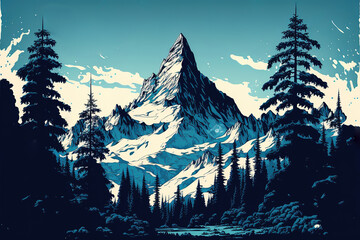 Seamless vector blue beautiful mountains with forest panorama pattern stock illustration Mountain, Illustration, Snow, K2 - Mountain. Generative AI - obrazy, fototapety, plakaty