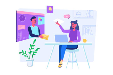 Email service concept with people scene for web. Man makes advertising mailing. Woman receives online emails with promotional information on her laptop. Illustration in flat perspective design