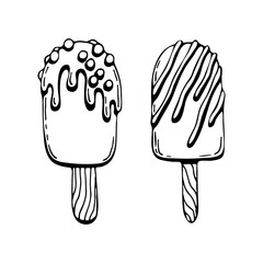 Coloring book ice cream popsicle. Cold summer dessert. Hand drawn line art illustration. Coloring page for kids and adults.