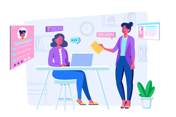 Employee hiring process concept with people scene for web. Woman submits resume for open vacancy. HR manager selects candidate and interviews at meeting. Illustration in flat perspective design