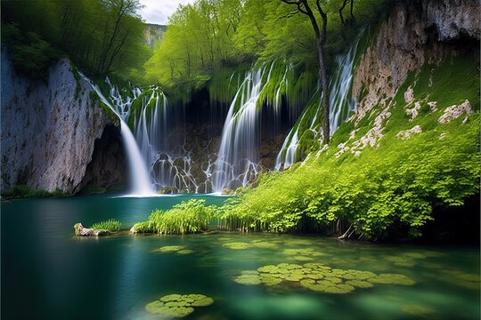 Waterfall landscape of Plitvice Lakes Croatia. stock photo Waterfall, Fantasy, Landscape - Scenery, Croatia. Generative AI