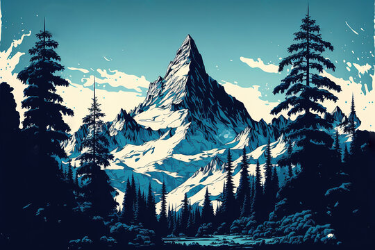 Seamless vector blue beautiful mountains with forest panorama pattern stock illustration Mountain, Illustration, Snow, K2 - Mountain. Generative AI