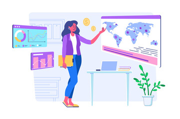Global economic concept with people scene for web. Woman researching market and analysis business trends, developing international company and investing. Illustration in flat perspective design