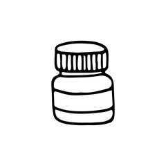 A jar of paint with a closed lid. Gouache. Stationery. Medicine jar. Doodle. Vector illustration. Hand drawn. Outline.