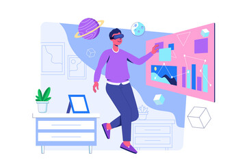 Metaverse concept with people scene for web. Man in VR glasses working or learning and interacts with data at dashboards in augmented reality simulation. Illustration in flat perspective design