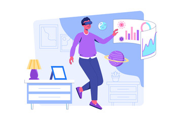 Metaverse concept with people scene for web. Man in VR glasses interacts with data at dashboards and making research in augmented reality with planets. Illustration in flat perspective design