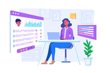 Online survey concept with people scene for web. Woman filling questionnaire form on huge screen using laptop, gives her feedback or answering test. Illustration in flat perspective design