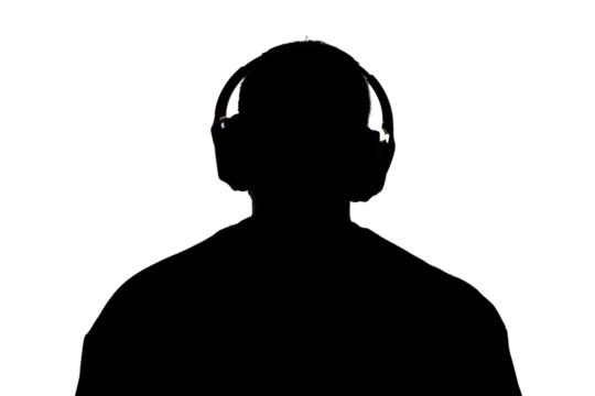 Silhouette of a man listening to music with headphones on a transparent background.