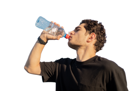 A man drinks water from a bottle on a transparent background.