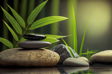 Fototapeta na wymiar Zen Stones and Bamboo on the water. Spa still life with stacked of stone. Generative AI