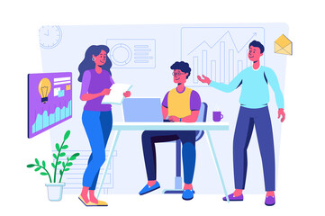 Teamwork concept with people scene for web. Men and women discussing tasks, working together in company, collaboration and communication in office. Illustration in flat perspective design