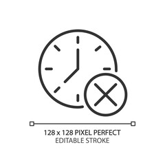 Clock with cross mark pixel perfect linear icon. Digital watch with x sign. Canceling appointment. Thin line illustration. Contour symbol. Vector outline drawing. Editable stroke. Arial font used