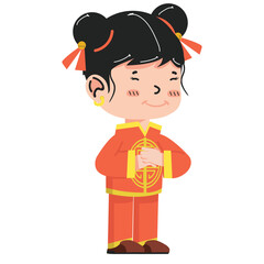 Chinese Kid girl cartoon greeting pose