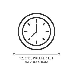 Clock face pixel perfect linear icon. Displaying time. Showing hours and minutes. Timekeeping tool. Thin line illustration. Contour symbol. Vector outline drawing. Editable stroke. Arial font used