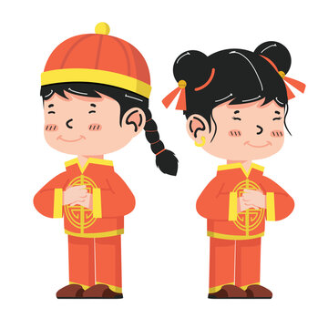 Chinese Kid girl and boy cartoon greeting pose