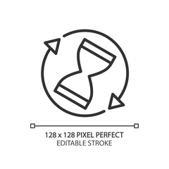 Rotating sand clock pixel perfect linear icon. Spinning sandglass. Waiting, loading process. Thin line illustration. Contour symbol. Vector outline drawing. Editable stroke. Arial font used