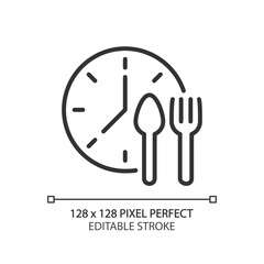 Lunchtime pixel perfect linear icon. Manage nutrition schedule. Take lunch break at work. Meal periods. Thin line illustration. Contour symbol. Vector outline drawing. Editable stroke. Arial font used