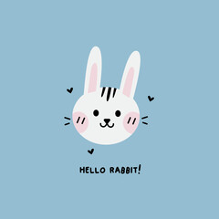 Cute kawaii bunny rabbit in Japanese style 
vector illustration on blue background. Print. Text Hello rabbit