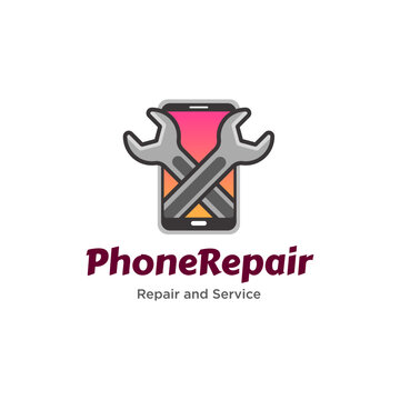 Mobile phone repair logo template. Smartphone with screwdriver and wrench logo for repair service company