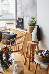 Christmas interior with tree and penguin