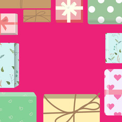 Pink background with coloured gift boxes. Empty space for text.