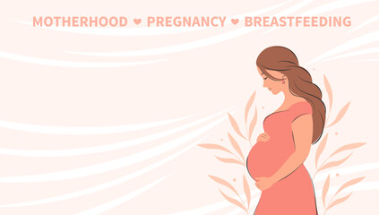 Banner about pregnancy, breastfeeding and motherhood. Pregnant woman, future mom. Tips, different data, informations expectant mothers. Vector illustration.