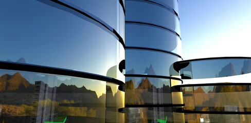 Glass facade of round towers. Reflection of the mountains illuminated by the sun and some industrial buildings. 3d rendering.