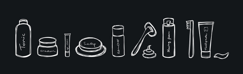 Cute doodle bathroom accessories, icons and objects chalk drawing. Set of bath accessories in doodle style. Vector illustration