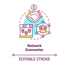 Network economies concept icon. Advantage of merger abstract idea thin line illustration. Retail chains. Mass distribution. Isolated outline drawing. Editable stroke. Arial, Myriad Pro-Bold fonts used