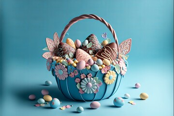 Filled easter basket with easter eggs. Generative AI
