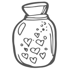 Hand drawn vector illustration of a mason jar filled with hearts, wedding and romance concept illustration isolated on white background