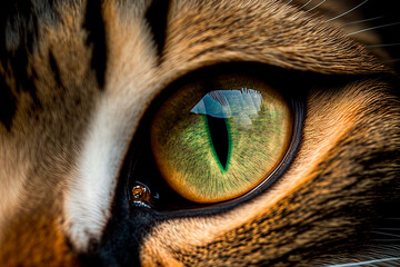 Macro view of cats eye. Close up of green and yellow cat eye, generative ai