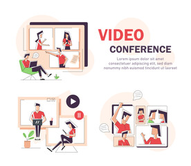 Video conference landing. People on computer screen taking with colleague. Videoconferencing and online meeting workspace vector page