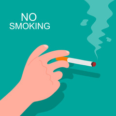 Smoker holds a smoking cigarette. Vector illustration flat design. Isolated on background.